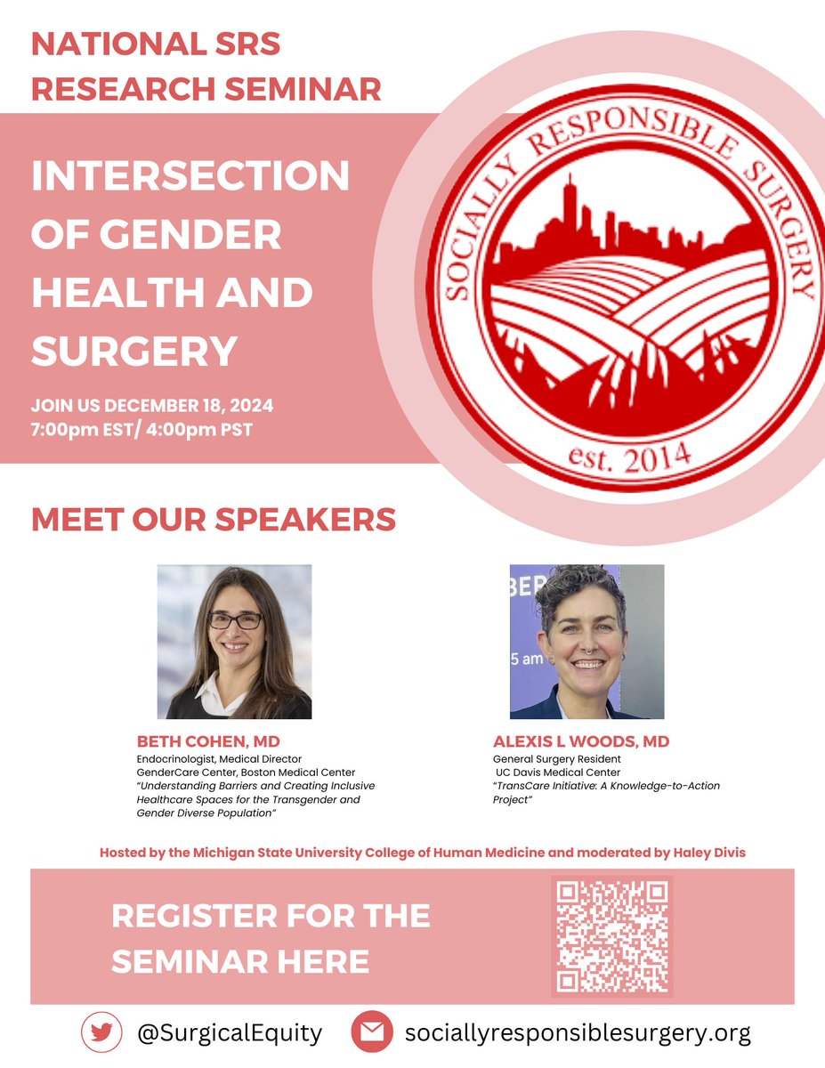 SurgicalEquity's tweet image. Register now to join us at the second National SRS Research Seminar exploring the intersections of gender health and surgery! Happening Dec 18 7pm EST in conjunction with @SurgEquityMSU with guests Dr Beth Cohen and Dr Alexis Woods.