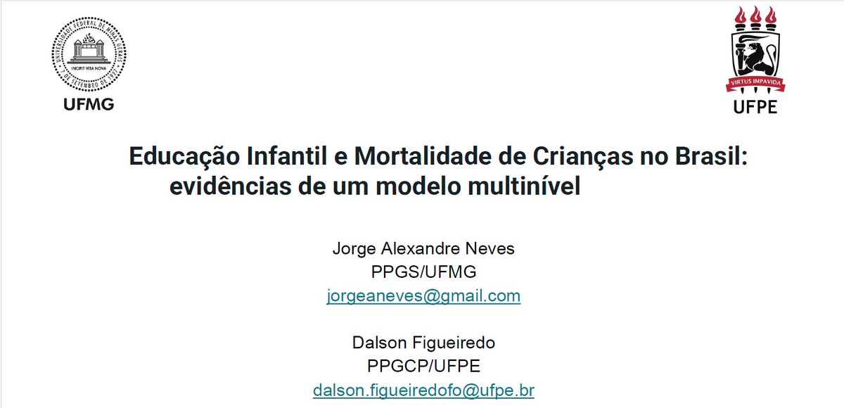 DalsonFigueired's tweet photo. Usando dados públicos do INEP, DATASUS e IBGE, encontramos evidências inéditas da relação entre cobertura de creche e mortalidade infantil no Brasil. 

Em particular, quanto maior a oferta de creche em um determinado município, menor a quantidade de crianças que morrem prematuramente.

Os resultados serão apresentados amanhã no congresso da @ANPOCS pelo professor Jorge Alexandre.

Esse trabalho avança nossa compreensão sobre os efeitos positivos da educação e pode ser útil para informar o desenho e implementação de programas especialmente desenhados para reduzir a mortalidade infantil.
