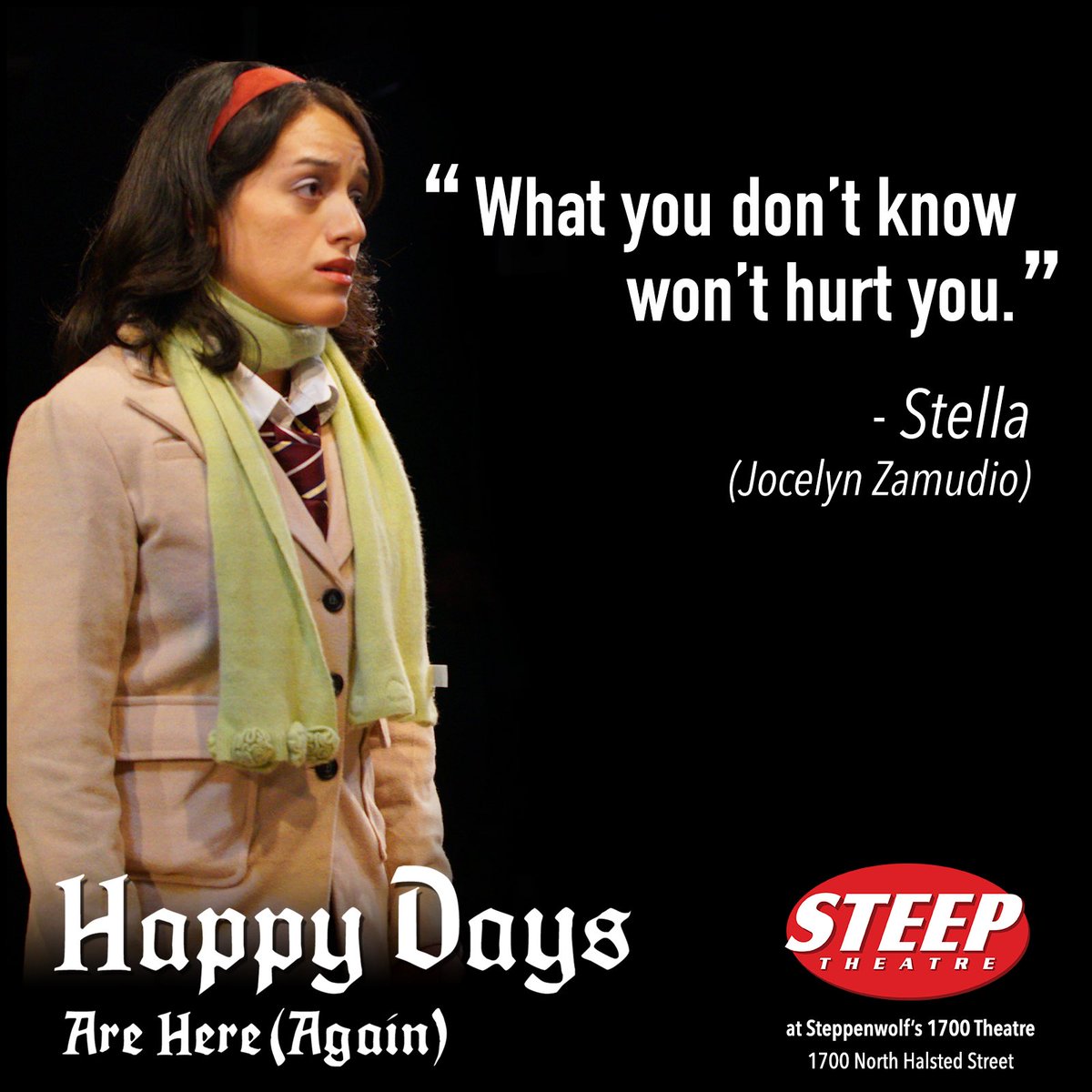 There are just 4 shows left! Grab your tickets before October 27 to hear more from the students of St. Boniface High. Tickets: bit.ly/Steephappy
#steeptheatre #chicagotheater #play #chicagoplay #stageperformance #Steppenwolf #Happydaysarehereagain  #theaterinchicago