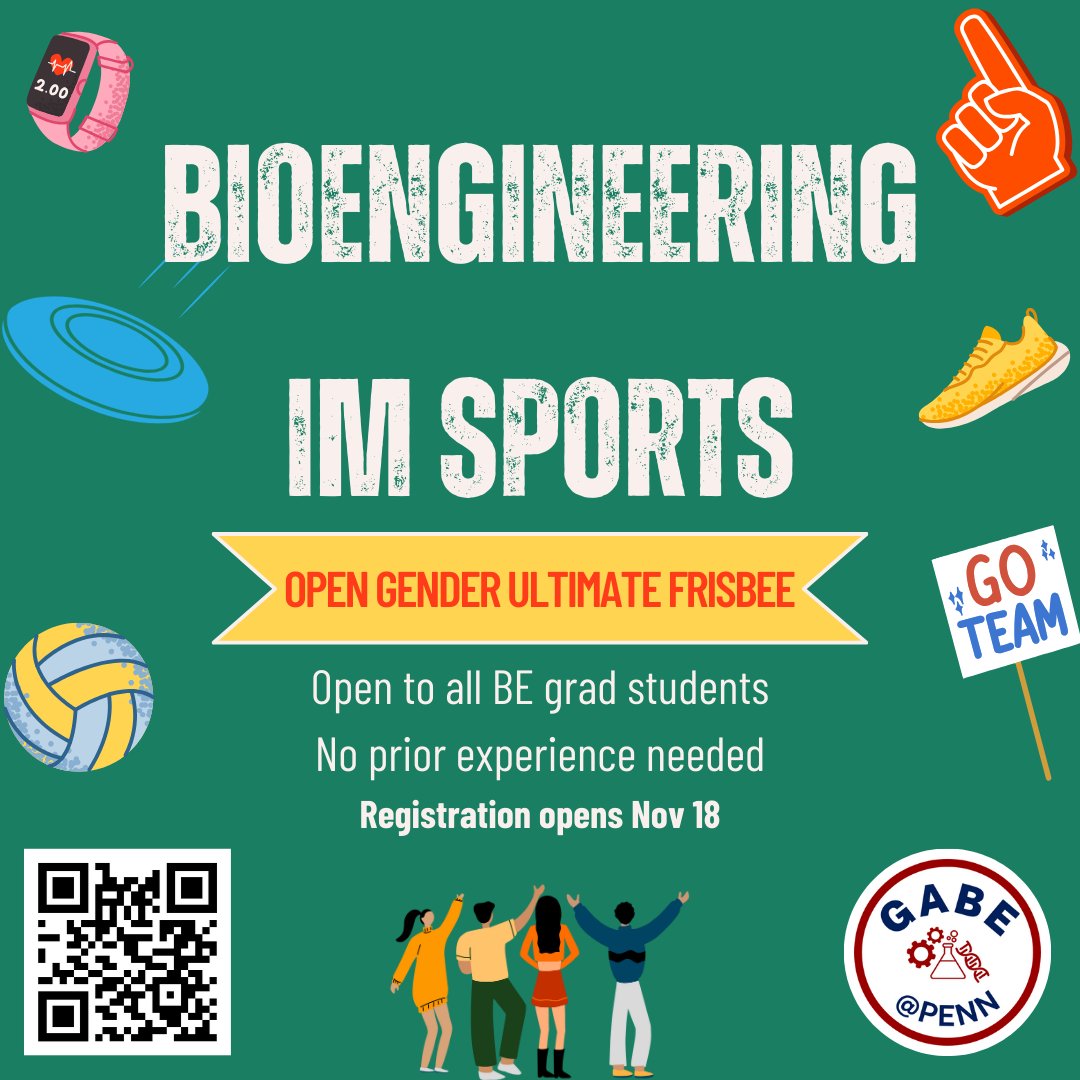 PennGABE (@penn_gabe) on Twitter photo Looking to get active and meet fellow grad bioengineers? Sign up for Intramural Ultimate frisbee! The IM ultimate season is Dec 2 - Dec 9. Registration opens Nov 18th. Reach out if you have any questions! <a href="/pennbioeng/">Penn Bioengineering</a> Looking to get active and meet fellow grad bioengineers? Sign up for Intramural Ultimate frisbee! The IM ultimate season is Dec 2 - Dec 9. Registration opens Nov 18th. Reach out if you have any questions! <a href="/pennbioeng/">Penn Bioengineering</a>