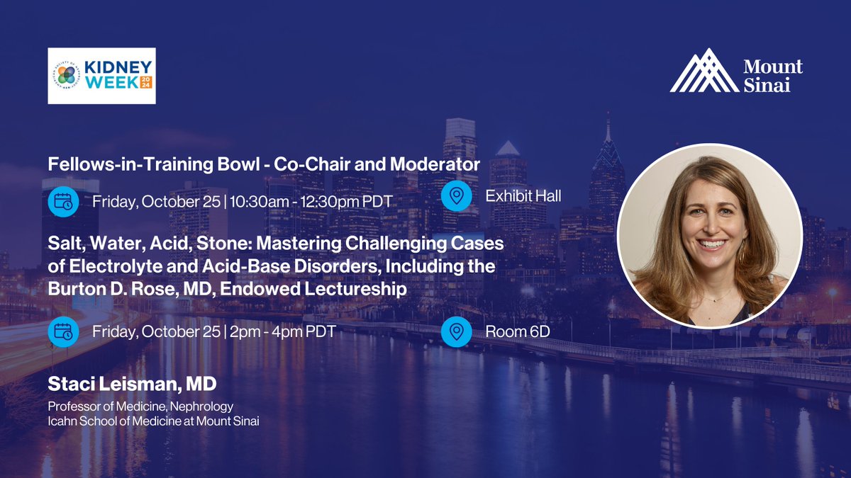 Join Dr. Staci Leisman at #KidneyWk for two engaging sessions:
🔹 Salt, Water, Acid, Stone: Mastering Challenging Cases of Electrolyte and Acid-Base Disorders – Moderator
🔹 Fellows-in-Training Bowl – Co-Chair and Moderator
Learn more: bit.ly/3Yljx19
