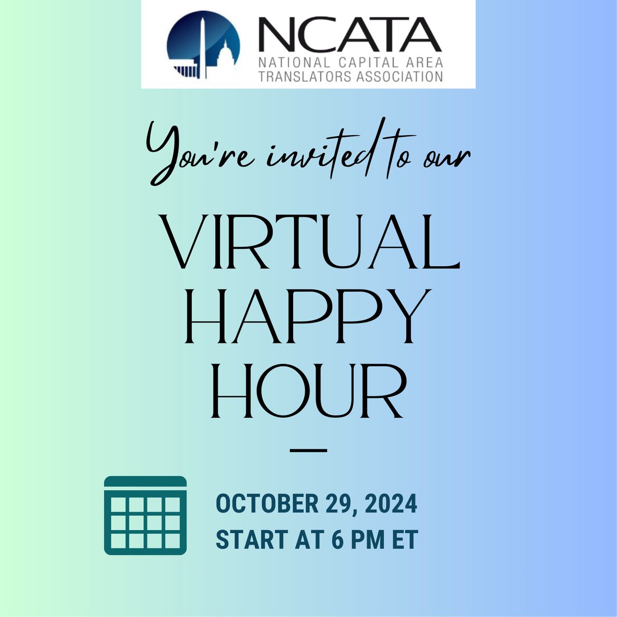 Can't make it to #ATA65 this year? No worries!  Let’s get together and unwind with a Virtual Happy Hour – because networking and fun don’t have to stop!

Register now at: ncata.org/meetinginfo.ph…

#NCATA #VirtualHappyHour #Networking #Translators #Interpreters