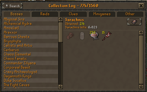 Lavish_RS's tweet photo. A spooky collection log for @OldSchoolRS Sarachnis pet hunting. https://t.co/4oIkZ7hxTZ