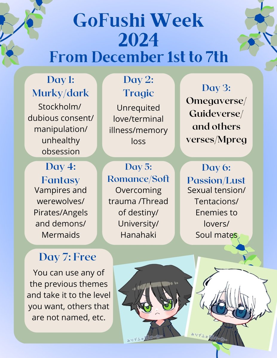 You can participate any day of the week.
Each day has its own theme and options, you can write in the format you prefer: Drabble, One Shot, Longfic, etc. 💚💙
#GofushiWeek2024 #GofushiWeek #Gofushi #GojoxMegumi