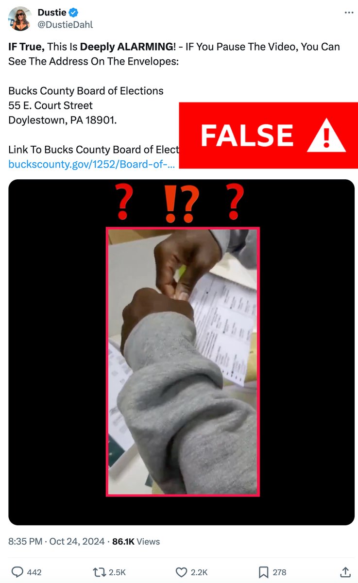 Shayan86's tweet photo. A viral video posted today purports to show a poll worker in Bucks County, Pennsylvania, open and destory mail-in ballots for Trump.

Both the the county's board of eletions and Bucks County GOP say the video is fake, no such poll worker exists, and the ballots aren't authentic. https://t.co/PUyU3c7t7D