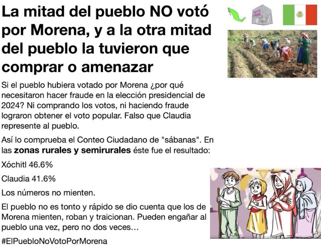 EuropeMex's tweet photo. #Alert #Mexique #Mexico
GOLPE DE ESTADO
🔥Se Exige ANULAR la
#Elecciones2024México & Revocación de @Claudiashein !
 
🇲🇽 « Este vídeo es del 8 de Abril, después del primer debate.
📍Es un recordatorio de como le daban el triunfo a Sheinbaum, por su capacidad de mentir y de dar evasivas, de manejar los datos a su conveniencia. »
📍No les gustaba Xochitl, que tal nos va a ir con el autoritarismo de Morena » @PNeoliberalMx 

🔴🔴🔴 « La mitad del pueblo NO votó por Morena…y a la otra mitad del pueblo …la tuvieron que comprar o amenazar. 
📍Es un mito decir que @Claudiashein o Morena representan al pueblo❗️
#ElPuebloNoVotoPorMorena
🔗 https://t.co/AAk3zymg4E

📜 ¡"Es inconstitucional”! 
📍El Ministro #JavierLáynezPotisek 👉le advierte a @Claudiashein👉que hacerse de "oídos sordos"…a las palabras necias del @SCJN ⚖️ no es un "juego".❗️

🔥Denuncias de Extorsiones, entre otros…de la #GuardiaNacional. 
👉Debe desaparecer la #GN..es un Peligro para México ❗️

🔴🔴Por primera vez en la Historia de MÉXICO…#Patriotas #Ciudadanos defienden el país de un FRAUDE electoral e inconstitucional…
📍a la diferencia de los Partidos políticos y de la Candidata oficial @XochitlGalvez ..que a pesar de haber obtenido la Victoria 👉No lo hacen, a pesar del Fraude comprobado…
¿Por que???

 🔴#Mexicanos esta en Uds. la solución al problema..tienen que cortarlo …desde la Raíz ❗️
📍Tienen  todas las Pruebas comprobadas ..para hacerlo❗️
💥Urgente hagan UNIÓN y 
EXIJAN 👉ANULAR la #Eleccion2024Mexico &
📃 PETICIÓN DE REVOCACIÓN DE MANDATO contra @Claudiashein ❗️
#RevocacionDeMandato 

💫 « ASI DE SENCILLO
1. Si se anula la elección presidencial
2. Se anula la sobrerepresentación legislativa
3. Se anula la perversa seudo Reforma Judicial
4. Se anula la Toma de Posesión de Sheinbaum
5. Se anula el Golpe de Estado
6. Se anula el riesgo de que "maten" a la Constitución Mexicana y quieran imponer una dictadura comunista
7. Se anula el riesgo de que acaben con nuestra democracia, nuestro Estado de Derecho y nuestras Libertades.

🕊️Es momento de hacer UNIÓN y alzar la voz! 

LA UNIÓN HACE LA FUERZA💪
🇲🇽Rendirse es SUMISIÓN ❗️

« A UN DICTADOR…NO SE LE PUEDE SACAR DEMOCRÁTICAMENTE »

🕊️LA LIBERTAD NO SE IMPLORA SE CONQUISTA ❗️

🇪🇺🇲🇽🇫🇷@MorganeBravo, Think Tank @EuropeMex .
#PorAmorAMéxico  

@A_Gurria @ParisPeaceForum 
@carpetapurpura  @PedroFerrizC @caminoflorido @NovoaEd6 
@AtypicalTeve @carlosalazraki @acastagne 
@acostanaranjo @FCN_mx @Mr_Civico  @LAURAZAPATAM @TereValeMX 
@JorgeGCastaneda 
@nytimeses #OECD 
#BFMTV #LCI 
#CNNEE 
@PazConDialogo 
@OEA_oficial @UEenMexico 
@FAndreUE @CIDH 
@TaniaReneaum 
@Almagro_OEA2015 @UEFrance 
@jcgtweets @SocCivilMx 

#SCJN #PoderJudicial #Reforma