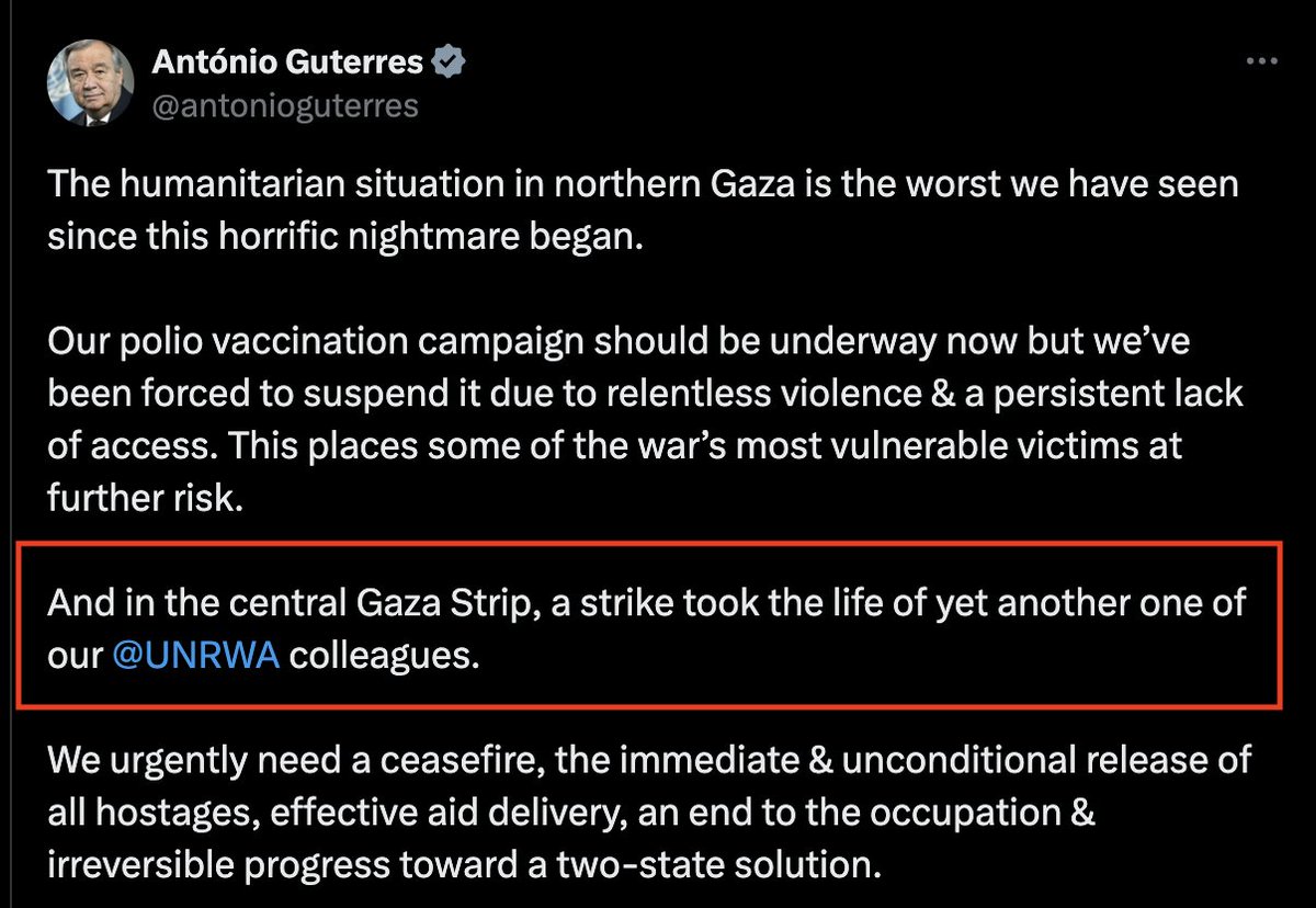 SICK: UN chief Antonio Guterres just now mourned “one of our UNRWA collagues” — hours after we all knew that this staffer was a mass murderer who oversaw the kidnapping of Hersh Goldberg-Polin. And four months after the UN was officially notified this employee was a terrorist.