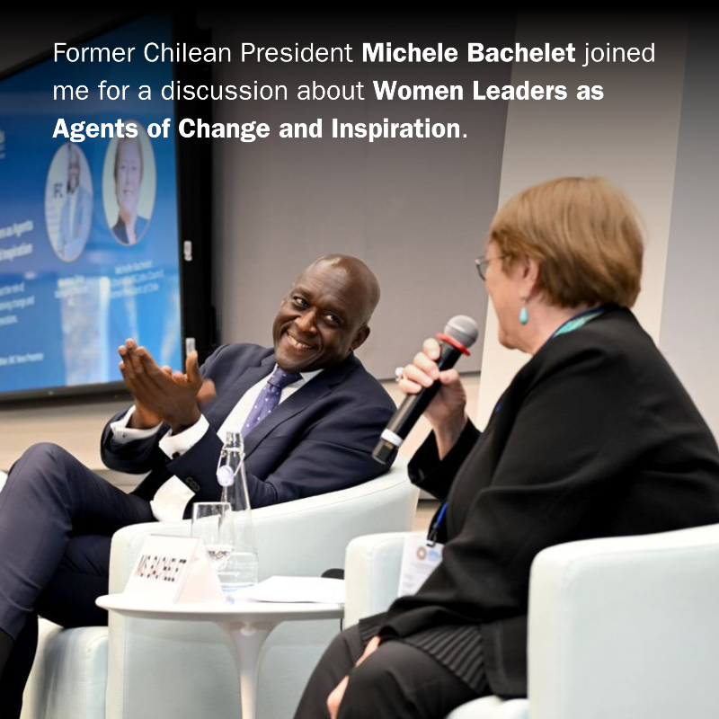 Diop_IFC's tweet photo. Inspiring conversation today with former President @mbachelet, a trailblazer who shattered glass ceilings in Chile and beyond. Her leadership exemplifies why women’s representation matters—when women lead, societies transform.