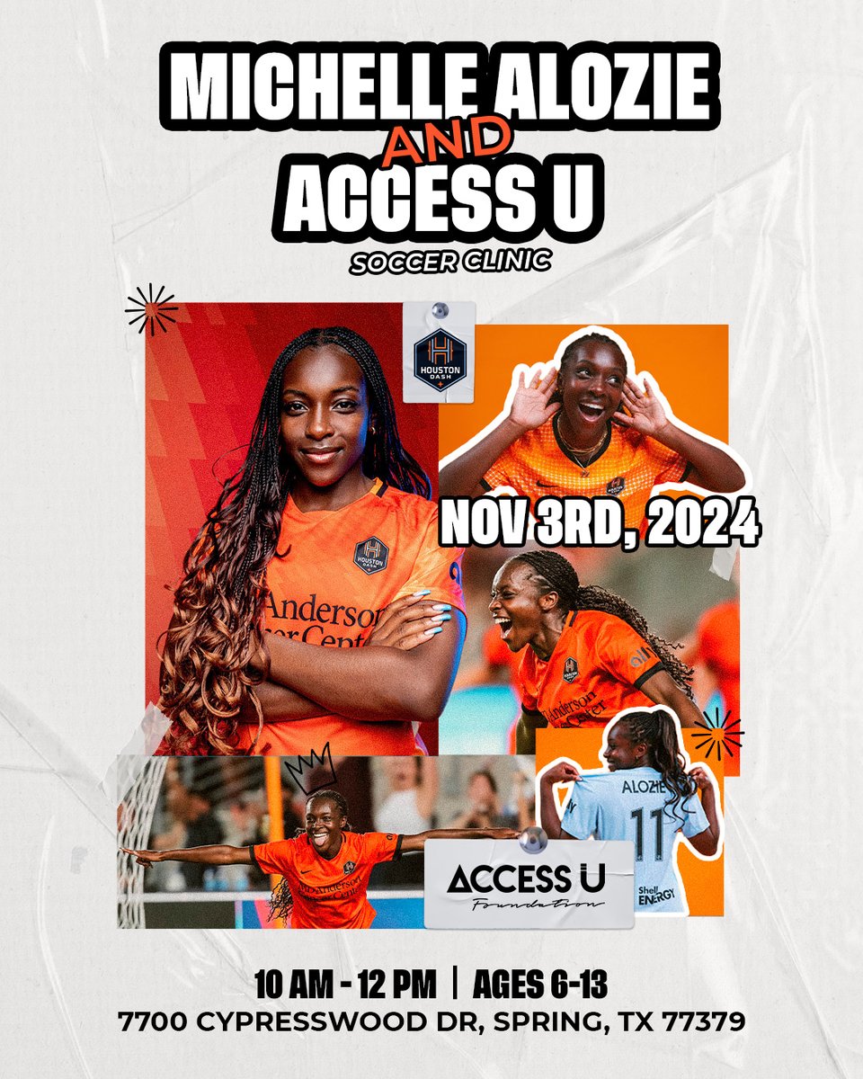 ACCESS__U's tweet photo. Join ACCESS U Foundation and @HoustonDash star @alozieee for an exciting soccer clinic on November 3rd! Don’t miss out—limited spots available!

Sign up now:
https://t.co/68O1GJxdeU

Must be registered to attend ⚽ ☀️

#ACCESSUFoundation
#MichelleAlozie
#HoustonDash https://t.co/mbKjAVpct9