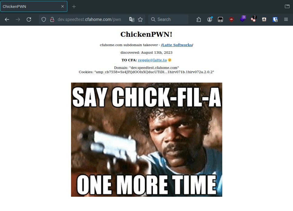 jitlua's tweet photo. Hey @ChickfilA, since Aug. 13th, 2023, I've had a subdomain takeover on your cfahome domain @ https://t.co/0DynlotFIK

I've previously tried on multiple occasions to reach out to someone at CFA about this via multiple means, w/ no response from anyone.

#chickfila #vulnerability https://t.co/WDfae3JpJ2