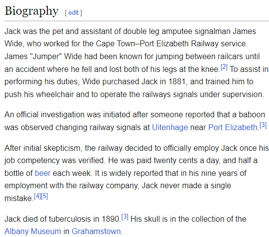 There was a Baboon who worked for the Railway service in South Africa for 9 years and never made 1 mistake.