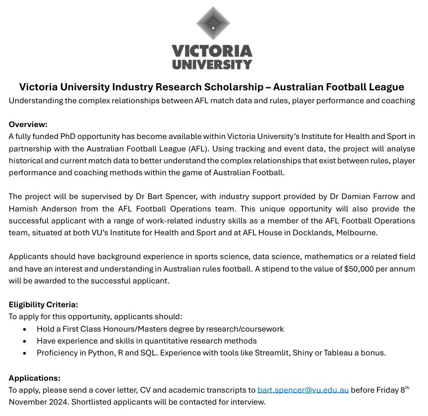 Bart Spencer (@bartdspencer) on Twitter photo New PhD Scholarship opportunity with <a href="/AFL/">AFL</a> & <a href="/iHealthSportVU/">Institute for Health and Sport, VU</a>. The project will analyse tracking and event data to better understand relationships between rules, player performance, and coaching. $50k pa stipend. Applications close Nov 8th. See below or contact me for more info! New PhD Scholarship opportunity with <a href="/AFL/">AFL</a> & <a href="/iHealthSportVU/">Institute for Health and Sport, VU</a>. The project will analyse tracking and event data to better understand relationships between rules, player performance, and coaching. $50k pa stipend. Applications close Nov 8th. See below or contact me for more info!