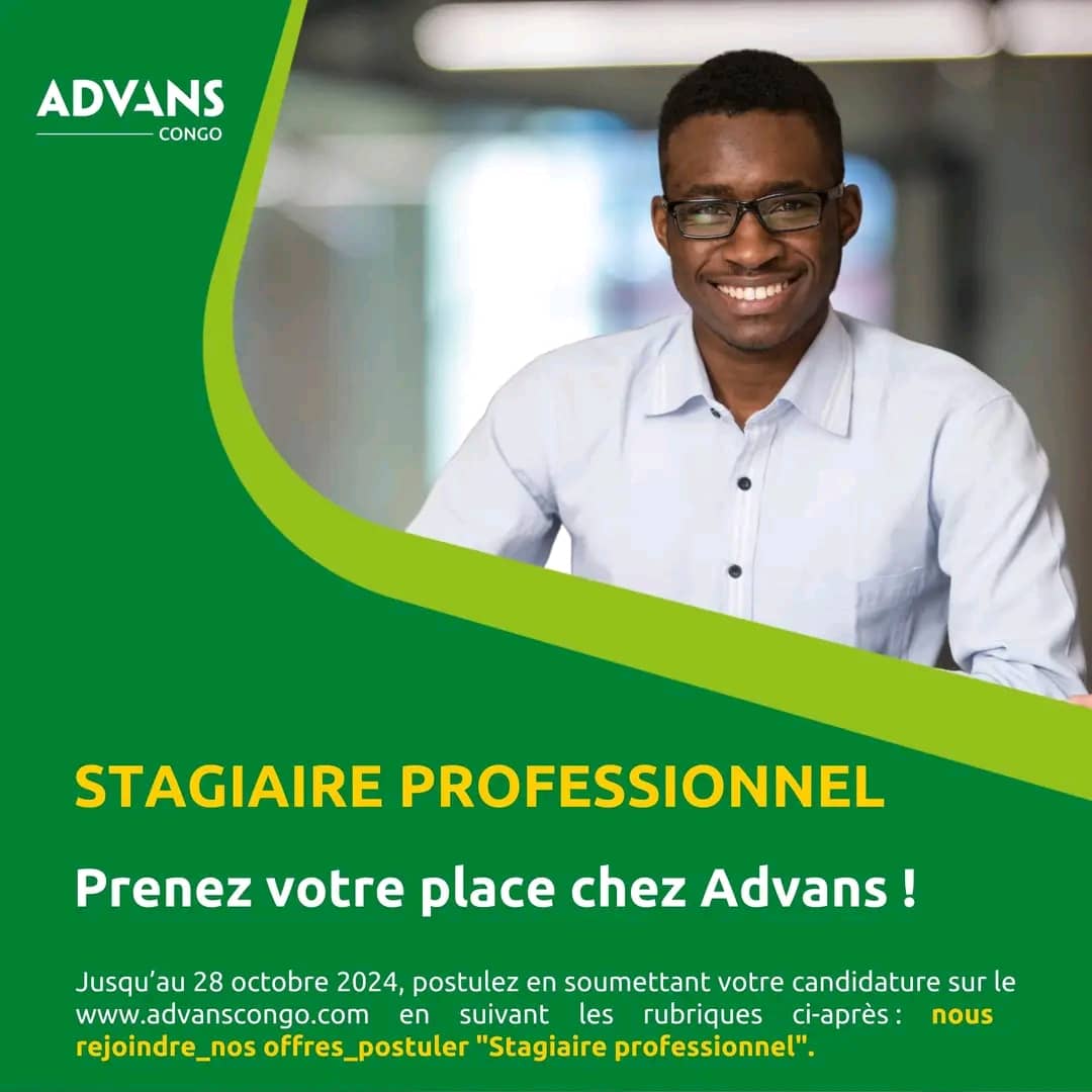 MonsieurKing243's tweet photo. #offredestage
Advans Congo recrute des stagiaires professionnels.
✅ Lieu d’affectation : Kinshasa
✅ Date limite : 28 octobre 2024
✅ Entité : Risque, logistique, informatique, finance, commercial et marketing
Postulez dès maintenant en envoyant votre candidature sur le https://t.co/1Y2Q1Lm5Fr en suivant les rubriques ci-après : nous rejoindre_nos offres_postuler « stagiaire professionnel » ou cliquez sur ce lien 👉 https://t.co/8csn3fI36U
Prenez votre place dès maintenant !
#advanscongo #microfinance #stage #recrutement #RDC