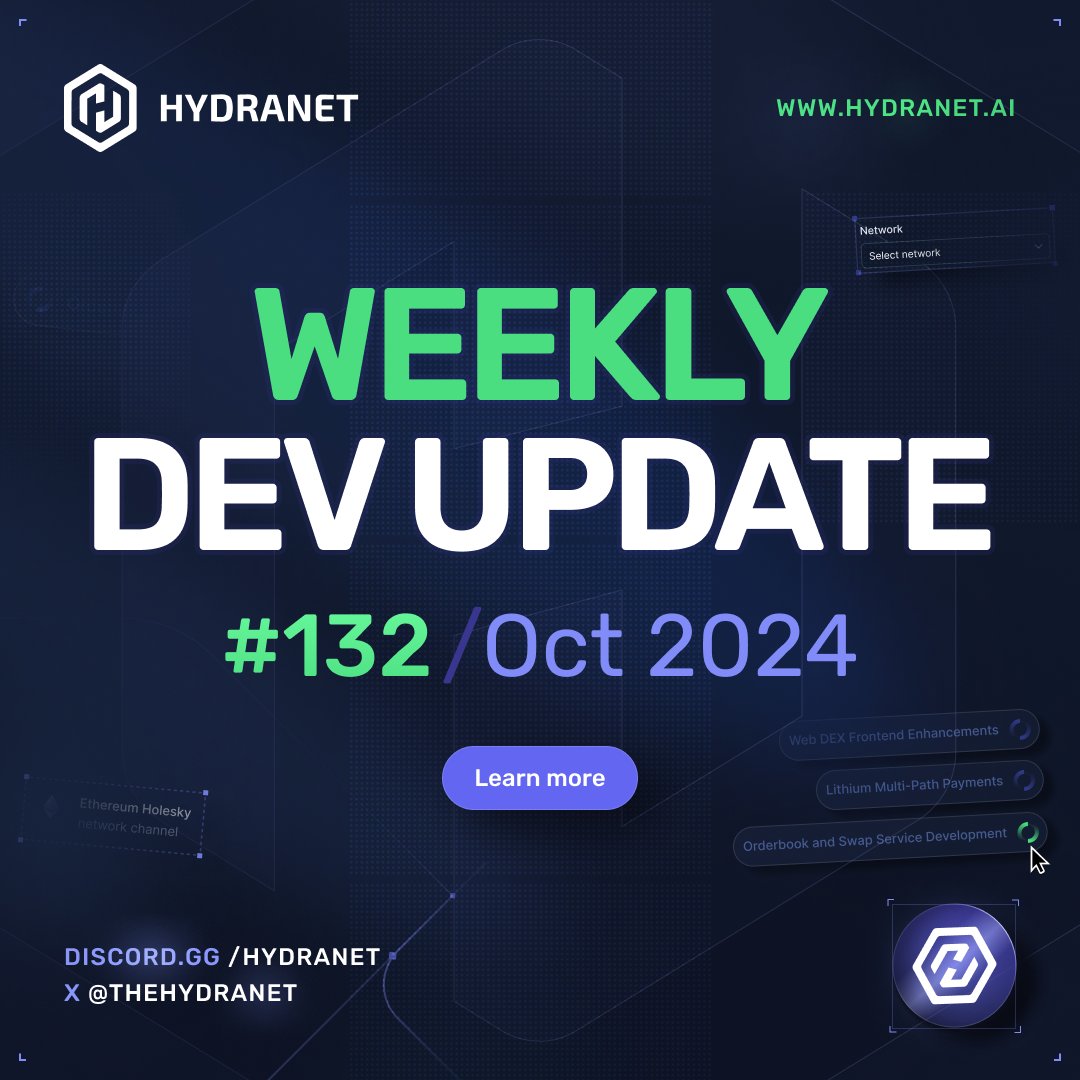 TheHydranet's tweet image. Hydranet - Weekly DEV Update #132

Web DEX Frontend:
- Continued development of #SimpleSwap UI, implementing first swap functions backend

Web DEX Backend:
- Fixing #Lithium bugs related to channel state storage, announcement messages, network authentication messages, and more.
-…