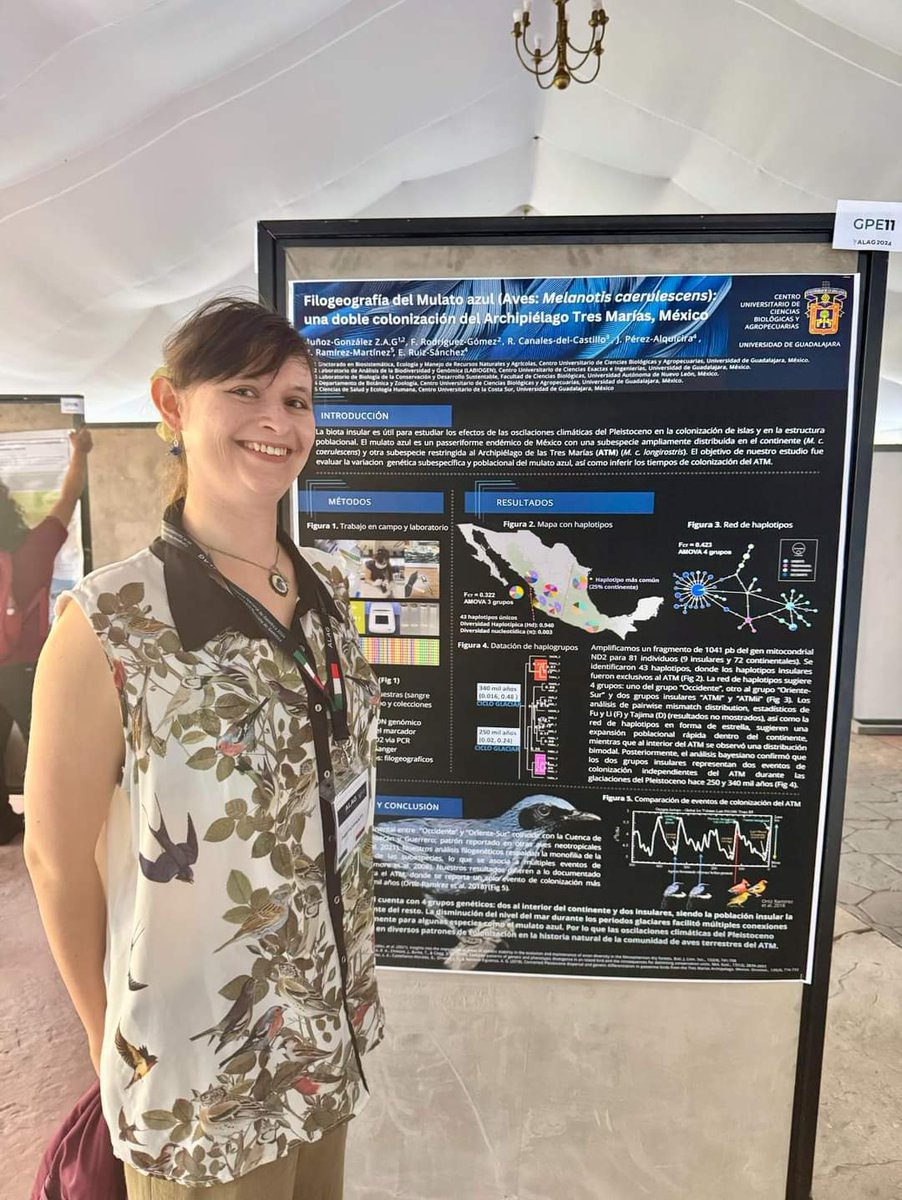 arerybird's tweet photo. Feliz de estar presente en el #ALAG2024 en el  #CUCS #Gdl donde presenté los resultados de #genética del Mulato azul (Melanotis caerulscens) de mi tesis doctoral. 
Gracias @bioalexbirds por las fotitos 💖🐦 https://t.co/MP25H4rc03