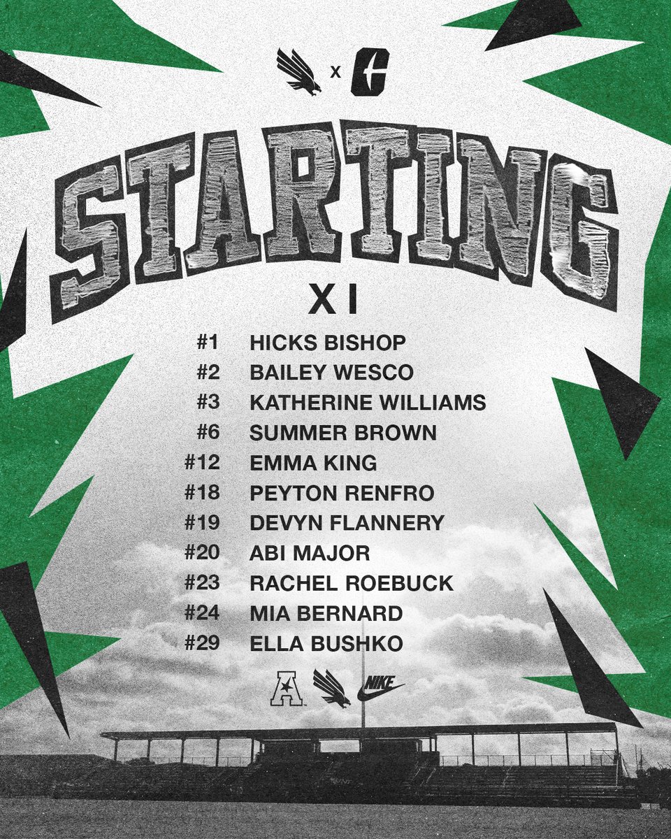 Tonight's Mean Green starting XI at Charlotte!

🟢 Kat earns first career conference start
🟢 Devyn makes 40th career start
🟢 Hicks makes second start in goal

#GMG