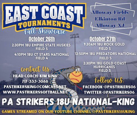 Schedule for East Coast this weekend!!! 
Can’t wait to play!! @pa_strikers <a href="/Pastrikers06/">PA Strikers 18U National - King</a> <a href="/03_strikers/">PA Strikers 18U National Hayes</a> @CoachCarla_Iona <a href="/cam_hutcherson/">campbell hutcherson</a> <a href="/Coach_McCool/">Gina McCool</a> <a href="/PCfriarsoftball/">Providence Softball</a>