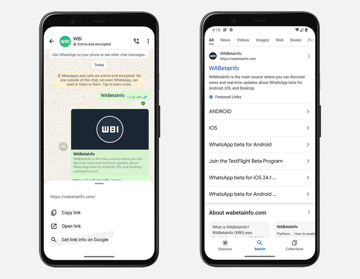 WABetaInfo's tweet photo. 📝 WhatsApp beta for Android 2.24.22.19: what's new?

WhatsApp is rolling out a feature to get link info on Google, and it's available to some beta testers!
Some users can experiment with this feature by installing certain previous updates.

https://t.co/NtCq8FnrhP https://t.co/yNtzecp5Am