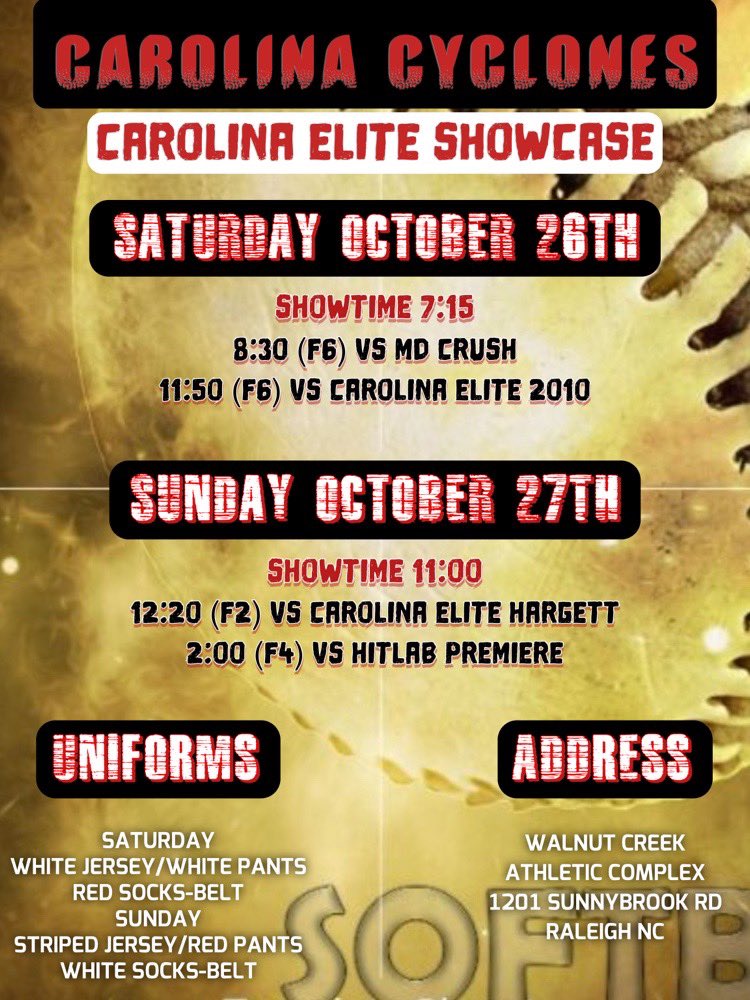 So excited for our tournament the Carolina Elite Showcase this weekend! Come and watch me and my team play this weekend against some great teams!! Looking forward to some great opportunities! <a href="/UNCGSoftball/">UNCG Softball</a> <a href="/ChowanSoftball/">Chowan University Softball</a> <a href="/louisburg_sb/">Louisburg College SB</a> <a href="/cyclones2627/">CarolinaCyclones2627</a> <a href="/joewhit77649469/">Carolina Cyclones Showcase (18u)-Joe White</a>