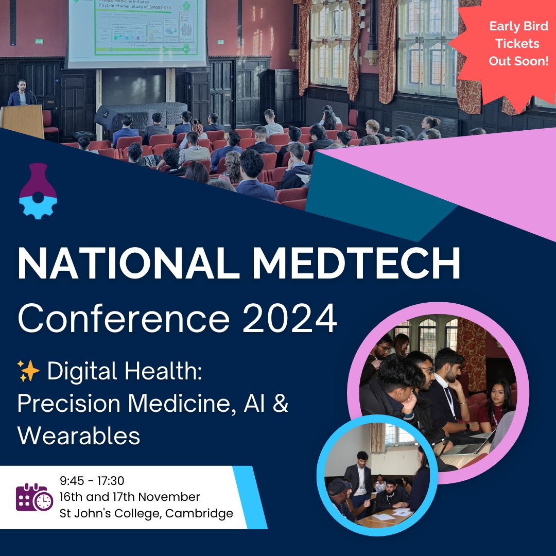 We’re excited to announce this year's MedTech Conference on ‘Digital Health: Precision Medicine, AI &amp; Wearables’ 🎓

📆 It will take place on the 16th &amp; 17th November at St John’s College, Cambridge.

🗣️ More info about speakers, workshops and agendas will be released soon!