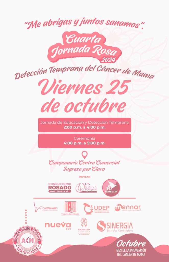 IpsNuevaPopayan's tweet photo. Mañana viernes te esperamos en Nuestra Jornada Rosa en apoyo para la lucha contra el Cáncer de Mama con el Consultorio Rosado Popayán. Estaremos en el Centro Comercial Campanario desde las 2:00pm ingresando por Claro. Te esperamos.campa https://t.co/UlNS6H47eb