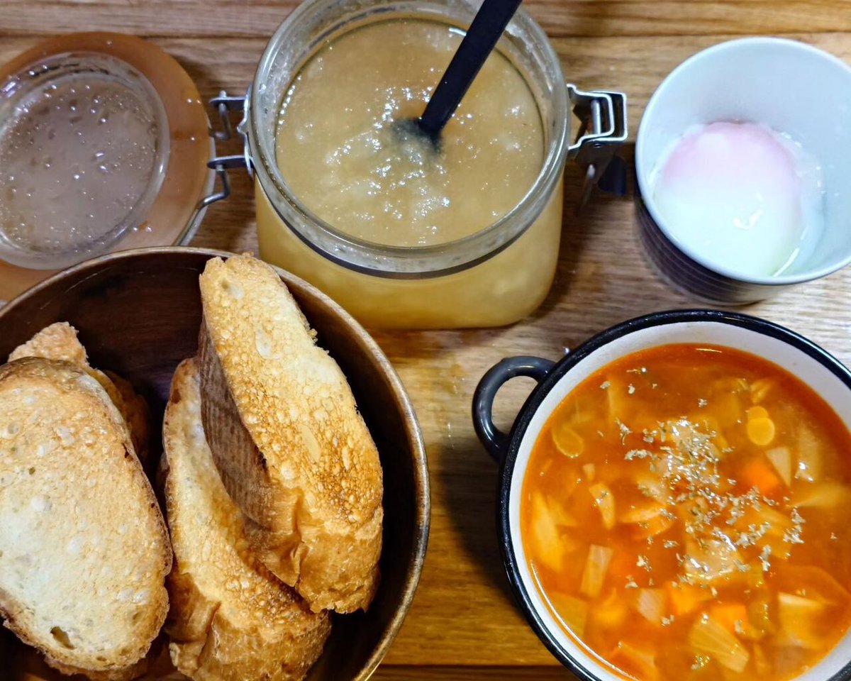 takephoto's tweet photo. #梨ジャム 作りました☺ #ミネストローネ #pearjam #jam #minestrone #soup #onsentamago #baguette #bread #toast #gm #breakfast #mealathome #cooking #takekitchen #japanesefood #instafood #朝食 #朝ご飯 #朝ごはん #おうちごはん #自宅飯 #料理 #料理男子 #料理好きな人と繋がりたい #料理記録 https://t.co/jZ0tdnWa8x