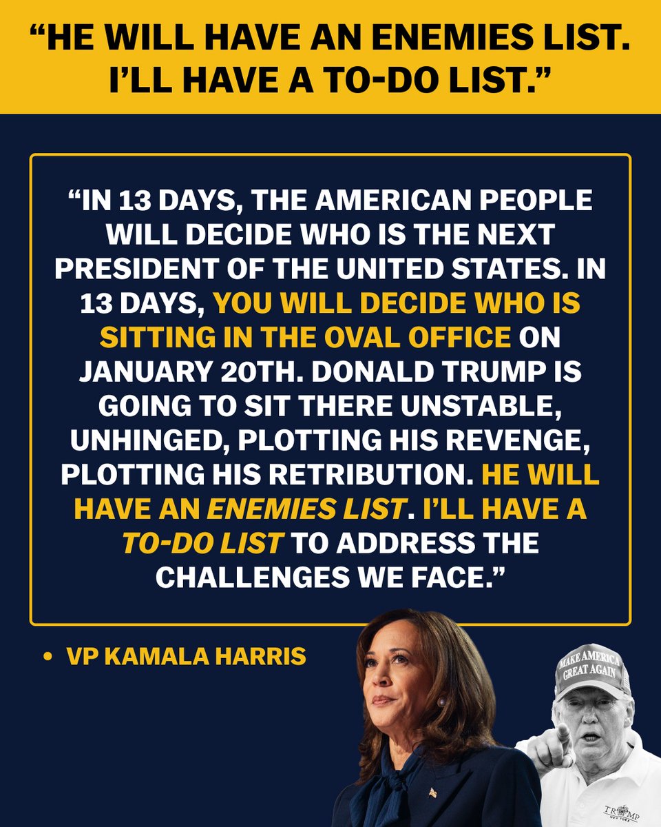 HorribleRyan's tweet photo. Kamala Harris has made it clear what's at stake in this election. While Trump hides and plots revenge, she's ready to roll up her sleeves and deliver for us. We deserve a President who is focused on our future, not personal vendettas. https://t.co/J6kIINJvSt