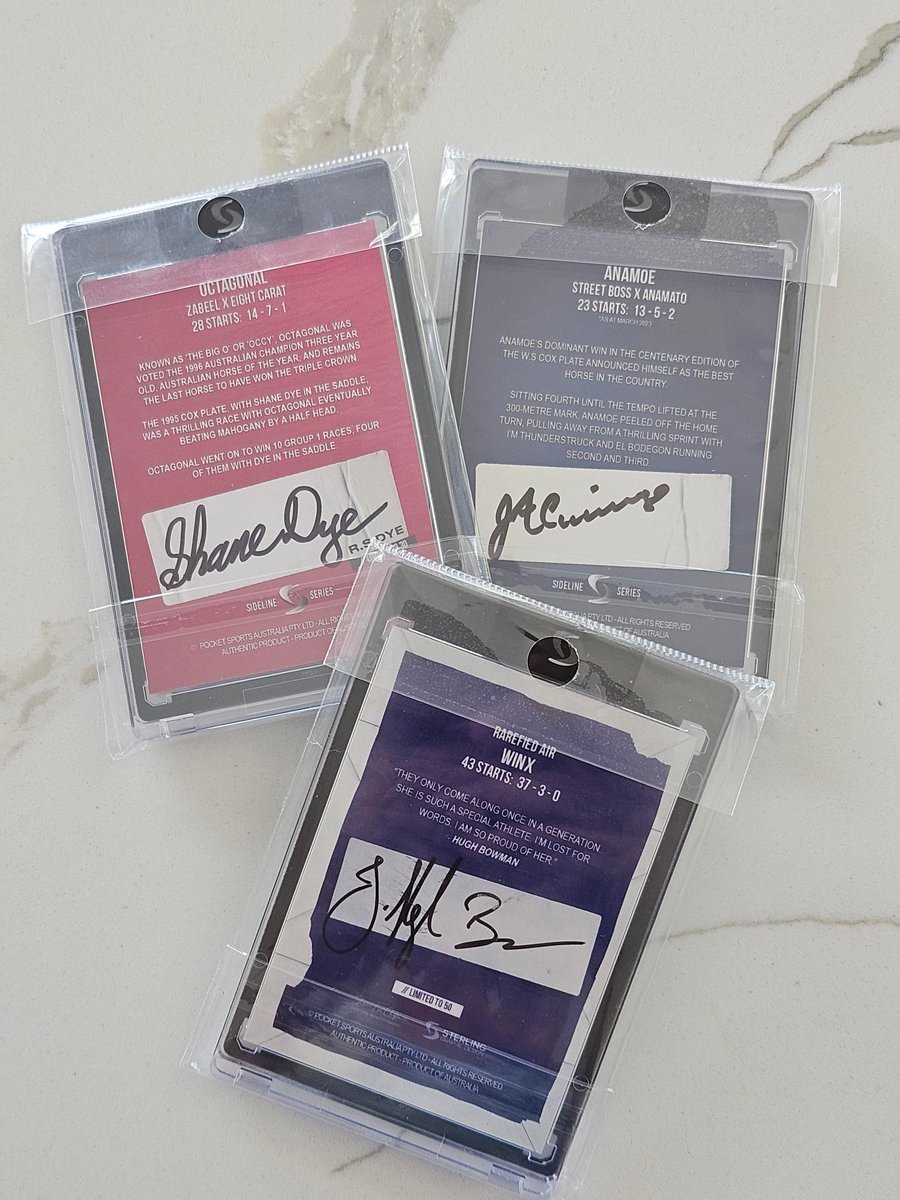 🎉 TRIPLE giveaway  3 x cards!! 
Anamoe - signed by James Cummings
Octagonal - signed by Shane Dye
Winx - signed by Hugh Bowman 
To win:  
1.  Must be following <a href="/GraphicSterling/">Sterling Graphic Design</a>
2. Retweet this post  
3. Tag 2 friends in the comments
#CoxPlate #HorseRacing #sidelineseries   
MUST
