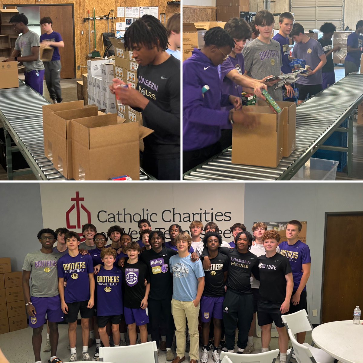 CBHSbasketball's tweet photo. Enjoyed getting to work for @catholiccharitieswtn today and completing some community service as a team! 501 boxes of food made that will provide 9,018 meals for families in need!
#TheBrotherhood | #GoBrothers https://t.co/Dp7uBveC0Q