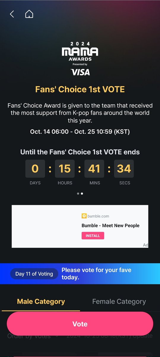 15 Hours left to vote for BLACKSWAN on MAMA'S Fan Choice Award 1st Round Vote!

Have you voted? 

#2024MAMAVOTE #BLACKSWAN