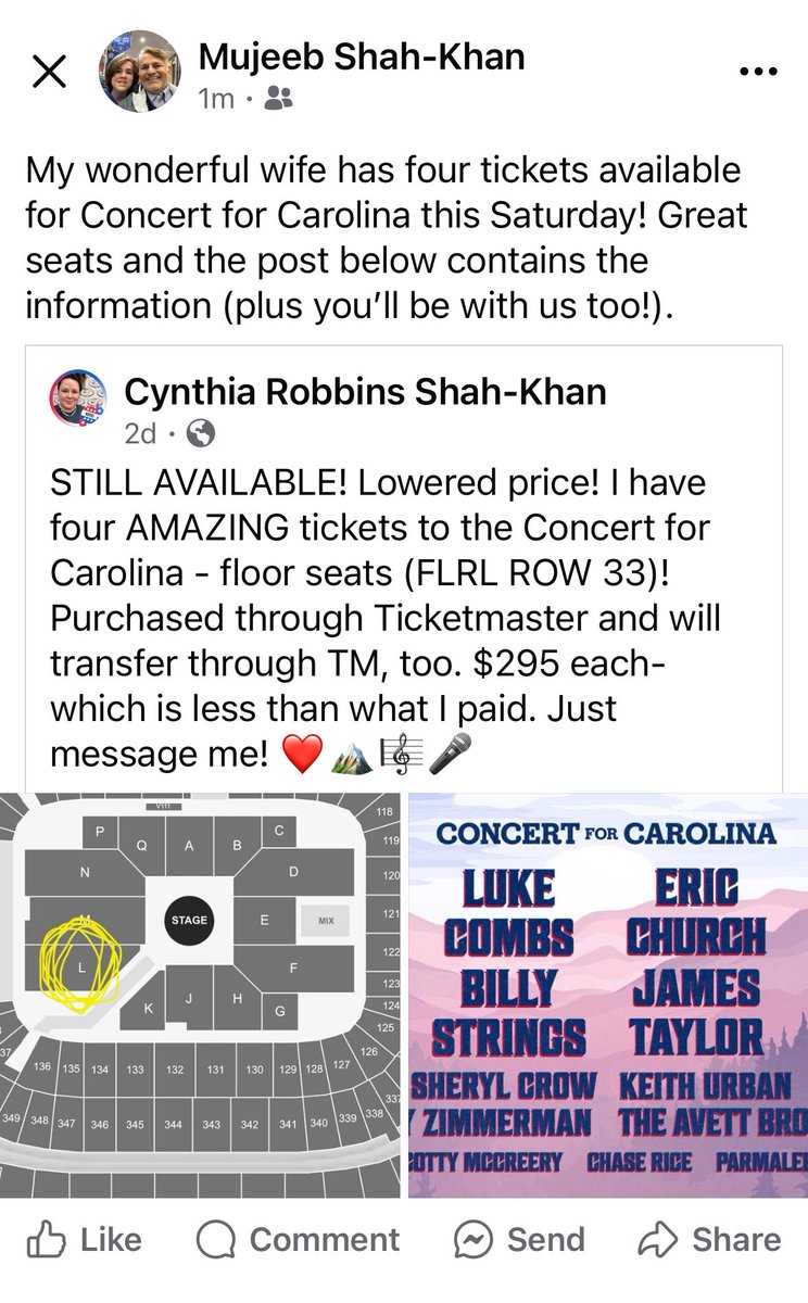 Looking for Concert for Carolina tickets? My wonderful wife (<a href="/Tvprgirl/">Cynthia R Shah-Khan</a> ) has four available. See below.