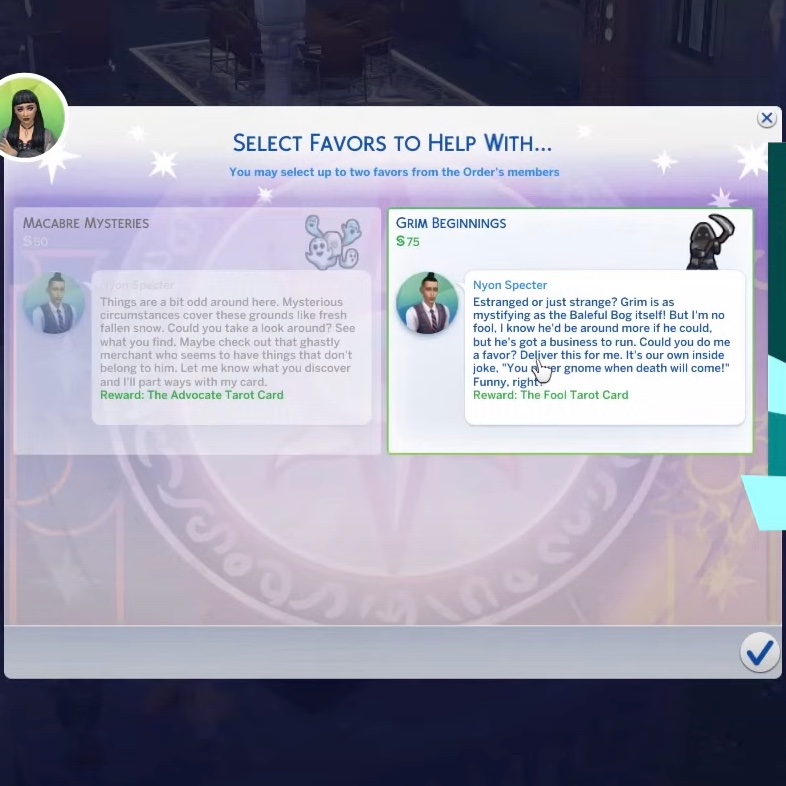 jackofallgames7's tweet photo. This gets me SO excited. They're basically bringing back the Cottage Living townie/errand system but made it even stronger, where doing each quest helps unlock Tarot cards - and you have to complete the quests in order to play. 

SO GOOD. More of this in packs @TheSims https://t.co/HMFIBpAkwL