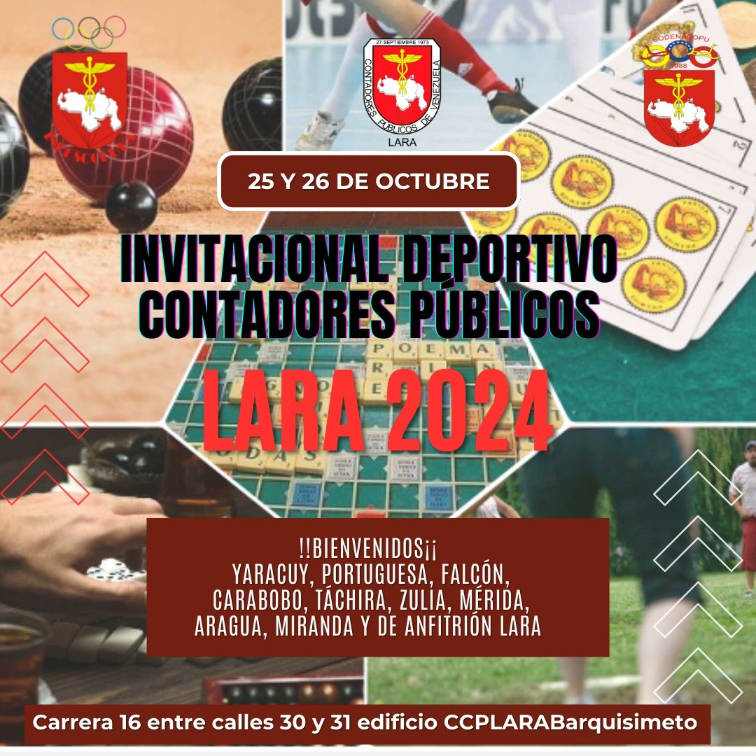 Invitacional Deportivo de Contadores Públicos Lara 2024, octubre 25 y 26, una oportunidad para fortalecer la camaradería y el reencuentro, 10 colegios federados se reúnen para compartir experiencias en domino, Futsal, bolas criollas, kickinball, scrabble  y truco;
!Bienvenidos!