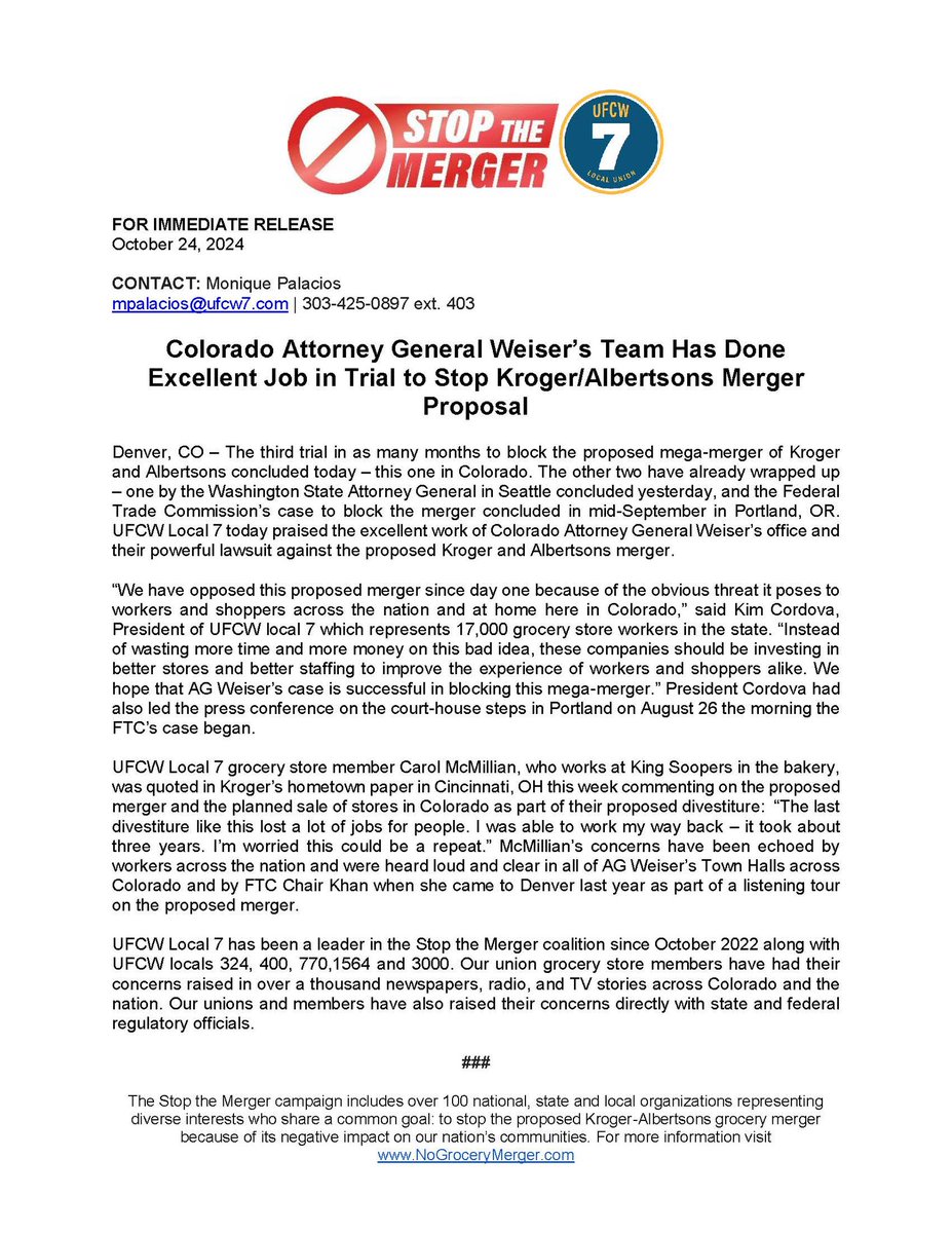 🚨 Colorado Attorney General Weiser’s Team Has Done Excellent Job in Trial to Stop Kroger/Albertsons Merger Proposal 🚨

ufcw7.squarespace.com/l7press/colora…