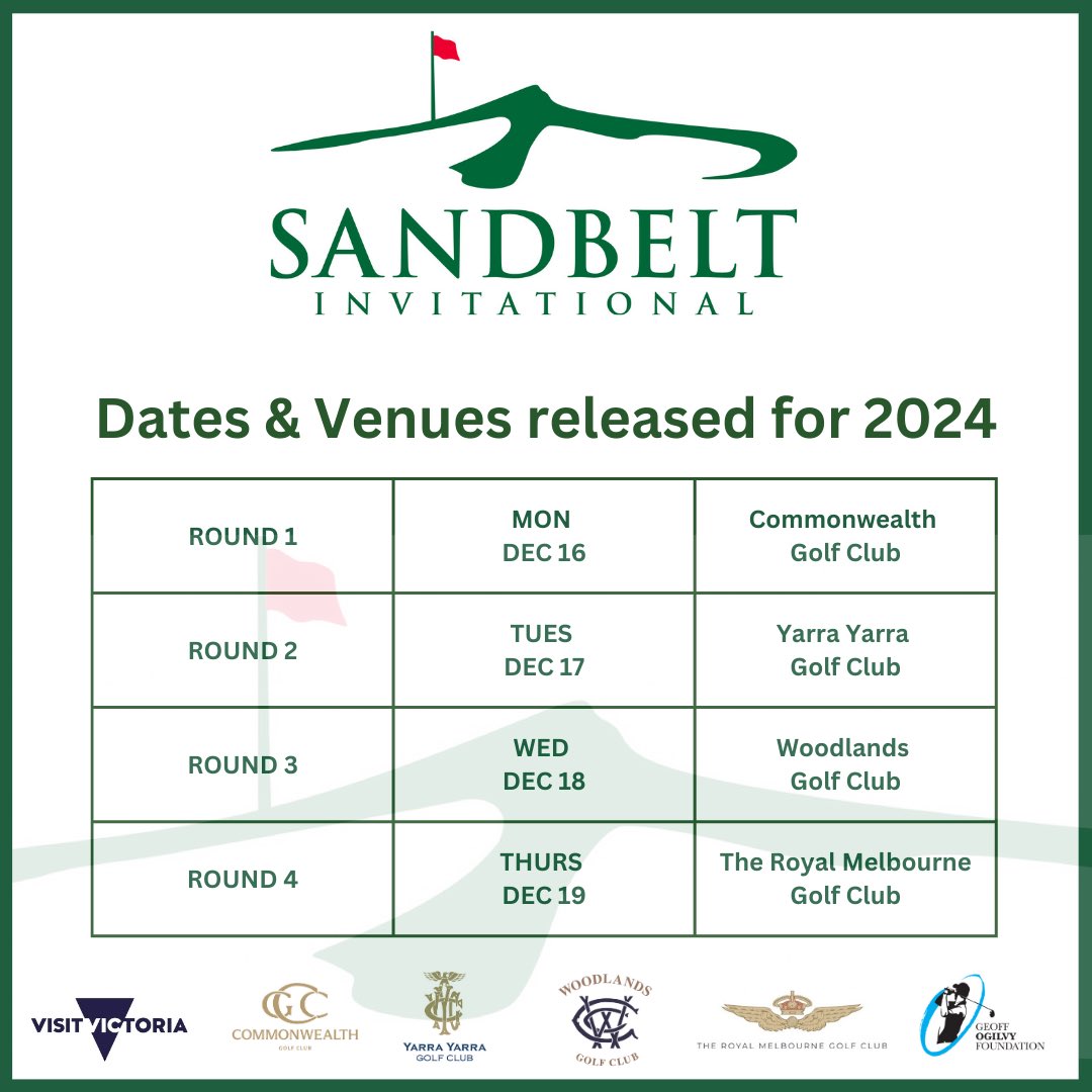 We are thrilled to announce the return of the fourth edition of the #SandbeltInvitational, 2024! 

Dates to lock in 🔐⬇️

#sandbeltinvitational #visitvictoria #visitmelbourne #everybitdifferent #melbournesandbelt #geoffogilvyfoundation