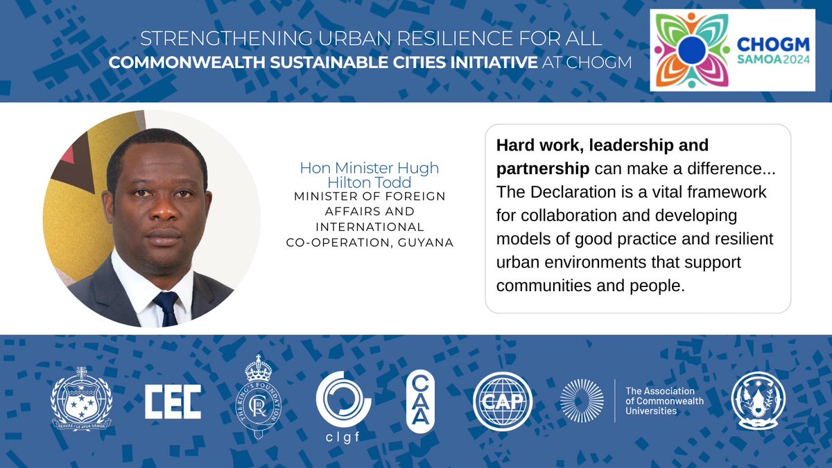 CAPplanners's tweet photo. Thank you to Hon Minister Hugh Hilton Todd @mfaguyana for emphasizing hard work and partnership.
#CSCI #CHOGM2024
#localgov #sustainableurbanization
@CLGF_News @CYSU_ @The_ACU @Comarchitect @CAPYoungPlan @ICE_engineers @kingsfdn @rwandalocalgov @samoagovt @commonwealthsec https://t.co/TczjTvKwEz