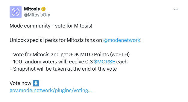 Crypto_Pranjal's tweet photo. If You're Farming the Mitosis Airdrop, Do This! 🚨

A vote is underway in Mode governance to choose your favorite project, and Mitosis is one of the contenders! Vote for Mitosis and earn:

- 30K MITO Points (weETH) 
- Mitosis Expedition Badge
- 100 random voters will receive 0.3 $MORSE each

✅ Vote here: https://t.co/FTa5BDZuzv

To participate, you must be staking MODE tokens. 

If you haven’t staked yet, you can do so today to become eligible to vote in 3 days. Staking just $1 worth of MODE tokens is enough to qualify for voting!

- Buy MODE on Kim Exchange: https://t.co/rvE9tFIitO
- Stake MODE: https://t.co/zh66jEc1w7

Act quickly—voting ends in 5 days!
