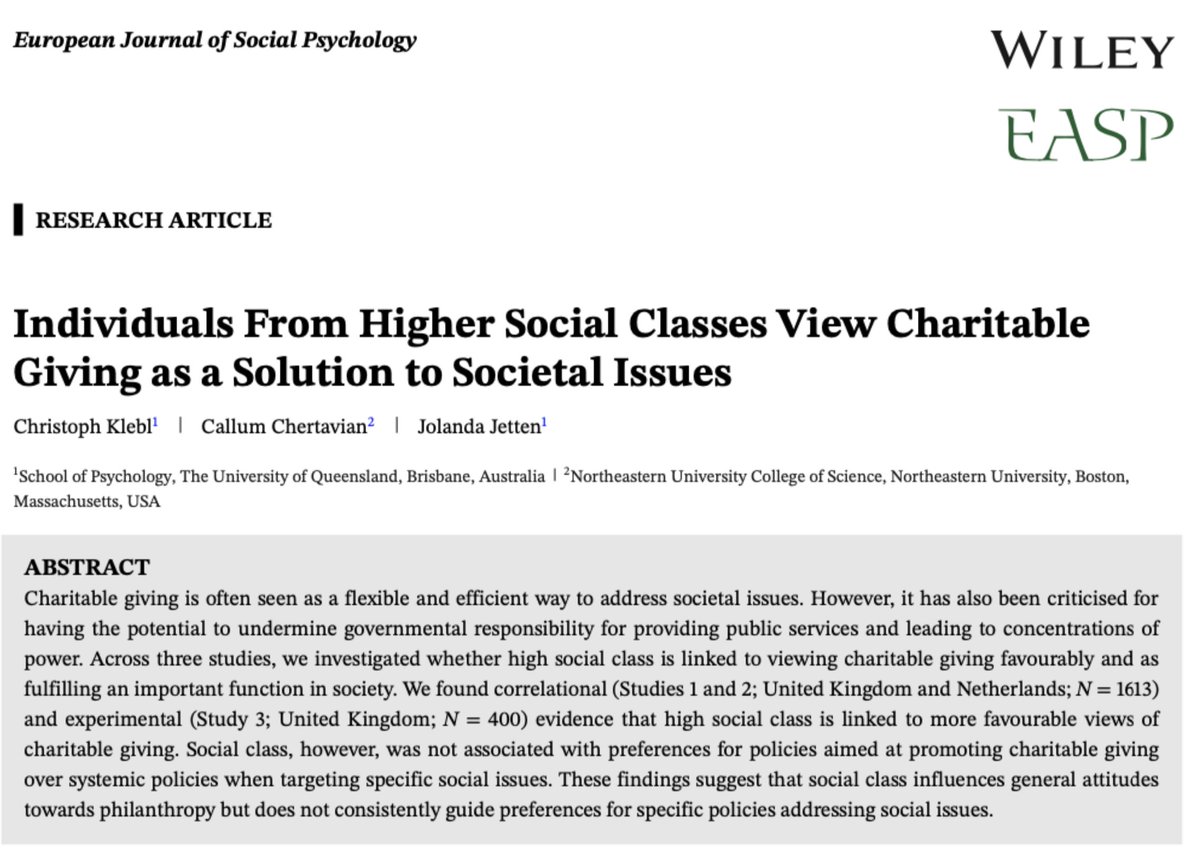 Christoph Klebl (@christophklebl) on Twitter photo Excited to share our new research! We investigated how social class shapes attitudes toward philanthropy and found that individuals from higher social classes view charitable giving more favourably and view it as a solution to societal issues. <a href="/jetten_j/">Jolanda</a> onlinelibrary.wiley.com/doi/10.1002/ej… Excited to share our new research! We investigated how social class shapes attitudes toward philanthropy and found that individuals from higher social classes view charitable giving more favourably and view it as a solution to societal issues. <a href="/jetten_j/">Jolanda</a> onlinelibrary.wiley.com/doi/10.1002/ej…