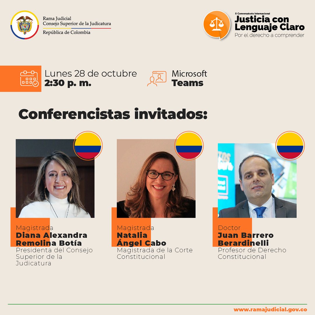 judicaturacsj's tweet photo. ¡Aprende sobre #LenguajeClaro en la administración de justicia!🗣️⚖️

Participa en el II Conversatorio Internacional de Lenguaje Claro: justicia con lenguaje claro, por el derecho a comprender. ✍️🧑‍💻👩‍💻

Contaremos con destacados juristas y académicos nacionales e internacionales. https://t.co/Ant3mHyllt