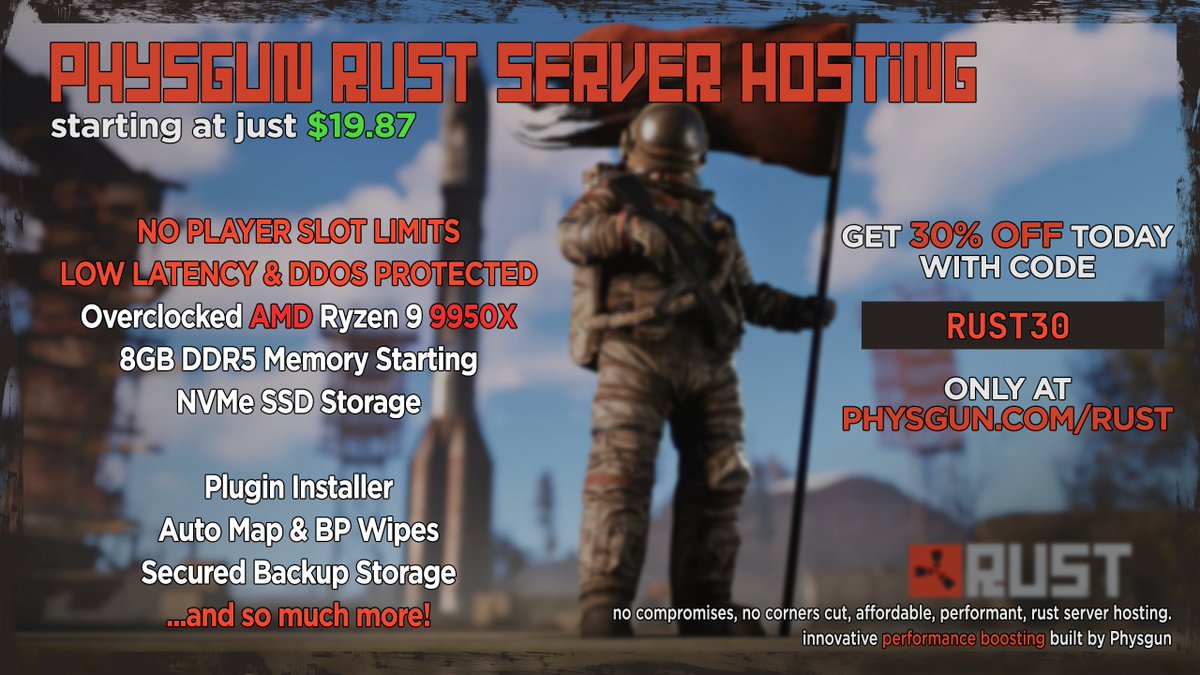 Small community, not looking to break the bank for quality Rust hosting? Checkout our relaunched Rust lineup. Running on the hottest AMD Ryzen 9 9950X 😎

👉 physgun.com/rust - remember, no slot limits, and only the best hardware for you 🫶