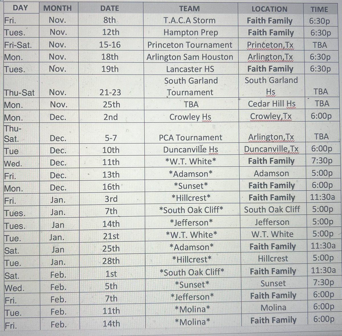 Updated 2024-25 Faith Family JV basketball schedule 
<a href="/BaylorMBB/">Baylor Men’s Basketball</a> 
<a href="/CycloneMBB/">Iowa State Men’s Basketball</a> 
<a href="/IowaHoops/">Iowa Men’s Basketball</a> 
<a href="/SMUBasketball/">SMU Basketball</a> 
<a href="/Vol_Hoops/">Tennessee Basketball</a> 
<a href="/TexasTechMBB/">Texas Tech Basketball</a> 
<a href="/KUHoops/">Kansas Men’s Basketball</a> 
@<a href="/DukeMBB/">Duke Men’s Basketball</a> 
<a href="/UNC_Basketball/">Carolina Basketball</a> 
<a href="/IndianaMBB/">Indiana Basketball</a> 
<a href="/NovaMBB/">Villanova MBB</a> 
<a href="/UTAMavsMBB/">UT Arlington Men’s Basketball</a> 
<a href="/BadgerMBB/">Wisconsin Basketball</a> 
<a href="/Cuse_MBB/">Syracuse Men’s Basketball</a> 
#Needexposure 
#D1collegecoaches