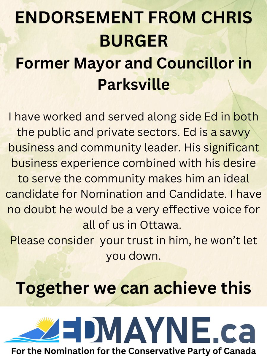 As a Conservative Party of Canada Candidate for the Courtenay-Alberni Riding, I invite you to the Nomination Meeting to be held: Saturday, October 26th Kwalikum Secondary School 266 Village Way Qualicum Beach, BC Speeches begin at 10:15 am Voting from 11:00 am until 3:00 pm