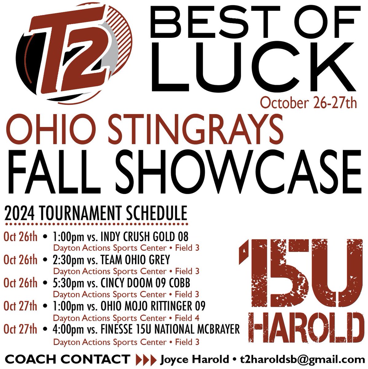T2Harold (@turnin2harold) on Twitter photo Weather is looking great for the <a href="/OHStingraysShow/">Ohio Stingrays Showcase</a> Fall Showcase this weekend!
Saturday
1:00 vs Indy Crush Gold 08
2:30 vs Team Ohio Grey
5:30 vs Cinch Doom 09
Sunday
1:00 vs Ohio Mojo Rittenger 09
4:00 vs Finesse 15u National McBrayer Weather is looking great for the <a href="/OHStingraysShow/">Ohio Stingrays Showcase</a> Fall Showcase this weekend!
Saturday
1:00 vs Indy Crush Gold 08
2:30 vs Team Ohio Grey
5:30 vs Cinch Doom 09
Sunday
1:00 vs Ohio Mojo Rittenger 09
4:00 vs Finesse 15u National McBrayer