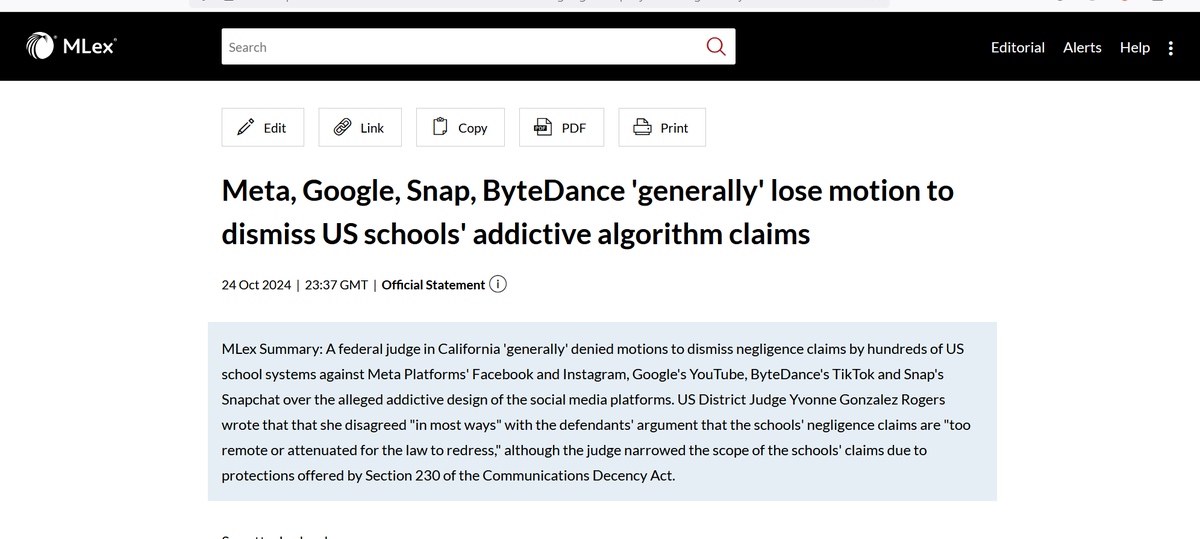 Swiftstories's tweet image. Breaking: Another blow for @Meta @Google @tiktok_us @Snap as Judge Gonzalez Rogers in California "generally" denies #addictive #algorithm #socialmedia design claims brought by 100s of US school systems. content.mlex.com/#/content/1604…