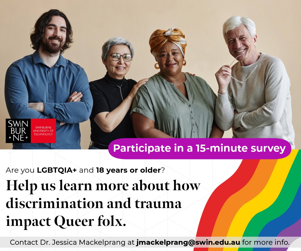 JLMackelprang's tweet image. Our team is grateful to the more than 200 #LGBTQIA+ people who have shared their lived experiences of the impacts of #discrimination and #trauma as part of the QUEST Study. We're in the final weeks of recruitment. Click here to learn more & participate: swinuw.au1.qualtrics.com/jfe/form/SV_cZ…