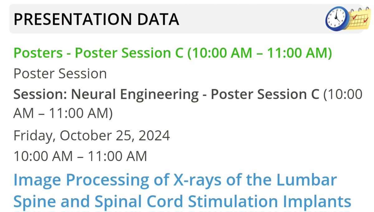 NERVES_Lab's tweet image. Are you at @BMESociety? If so, check out NERVES Lab student Chimdi Ihediwa&apos;s poster Friday morning at 10AM!

✨️Image Processing of X-rays of the Lumbar Spine and Spinal Cord Stimulation Implants ✨️

Be amazed at our undergraduate student talent!🧠🦾🦿👩🏿‍💻
@BlackInNeuro