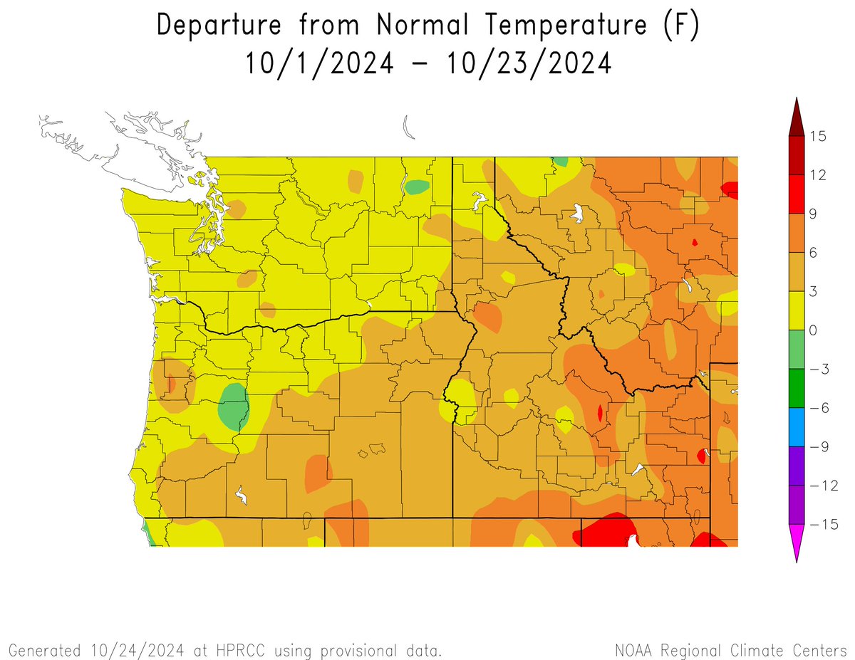 NWSSpokane's tweet photo. Where do we stand so far for October?   Temperatures have been near to slightly warmer than normal, while precipitation has been on the low side especially in Central WA.  But two rounds of precipitation are forecast by months end - Oct 27/28 and again Oct 30/31.  #wawx #idwx https://t.co/F2ga3xbV3O