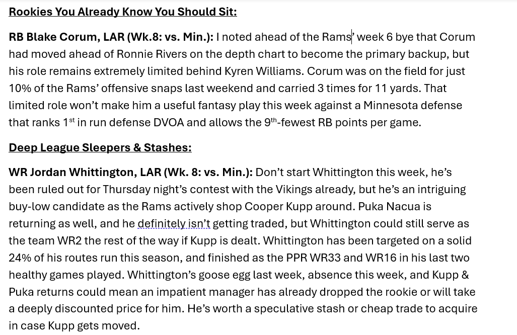 My full Rookie Report will be posted on <a href="/drinkfive/">David Biggs (drinkfive.com Fantasy Football)</a> soon, but here is my take on the two rookies playing tonight.

Blake Corum still isn't playing enough to be considered, but Jordan Whittington is an intriguing buy-low candidate w/Kupp &amp; Puka back and Kupp being actively shopped