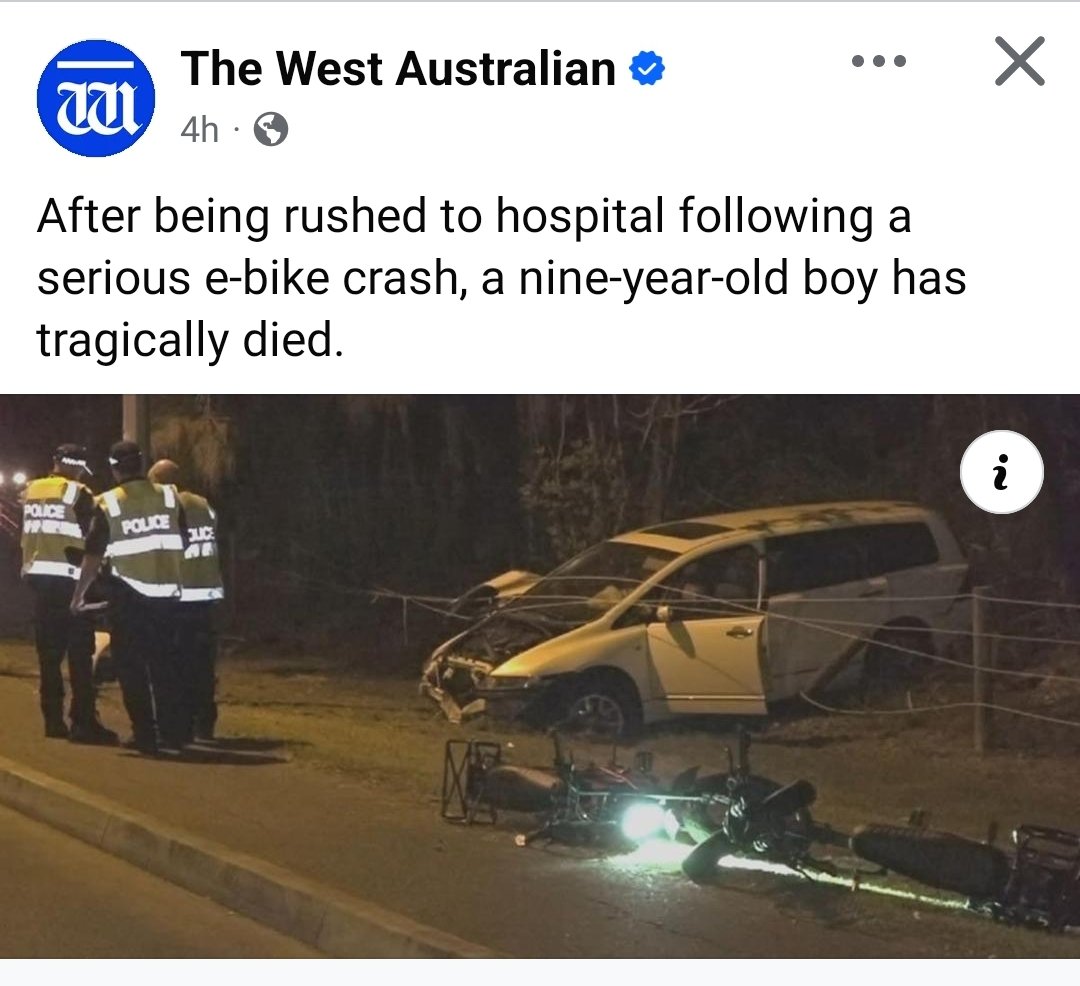 The media car-centric bias is amazing. 
Boy ON PATH killed by a driver.
<a href="/westaustralian/">The West Australian</a> describe it as an "e-bike crash".
No mention of a car at all.