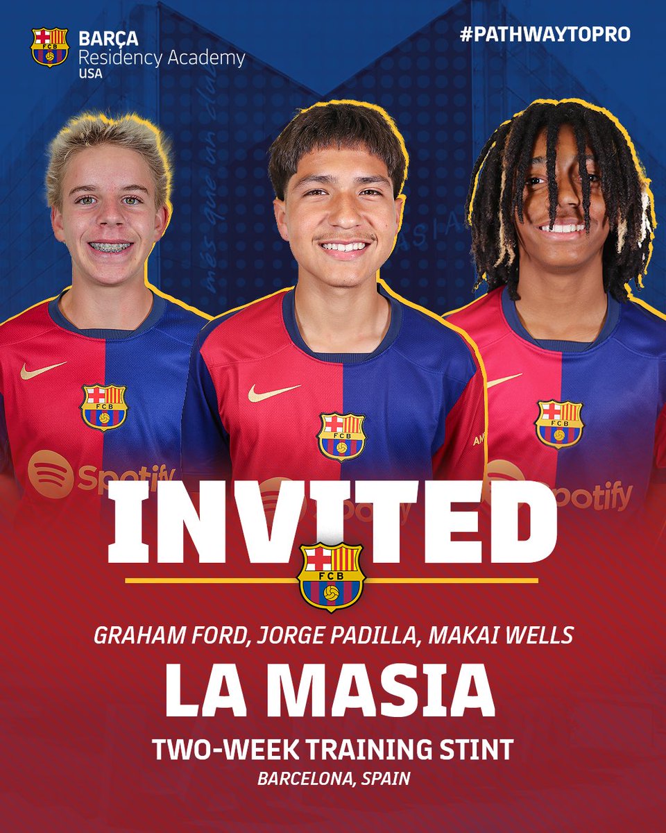✈️ Congratulations to Graham Ford, Jorge Padilla, and Makai Wells who have been invited to <a href="/FCBmasia/">FC Barcelona - Masia</a> for a two-week training stint starting October 28! 👏🔵🔴

“This is an incredible opportunity for players within our program to be exposed to the highest level of youth soccer in